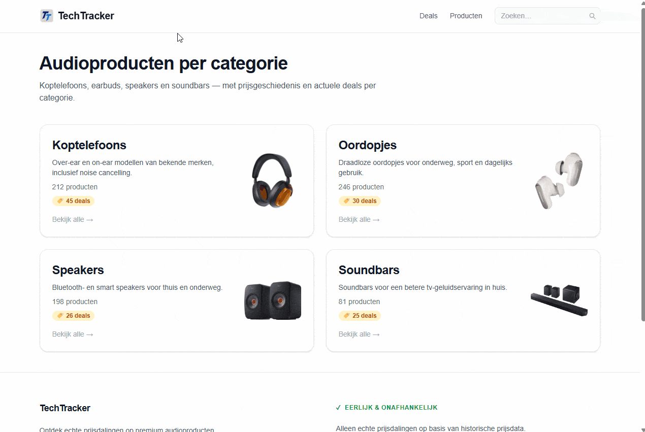 Categoriepagina van TechTracker met merk- en prijsfilters en deal-badges