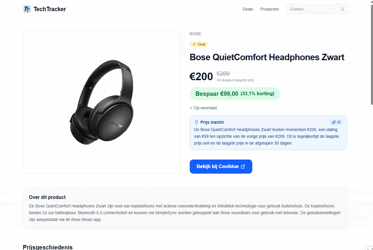 Productpagina van TechTracker met prijsgeschiedenis-grafiek en AI-gegenereerde teksten